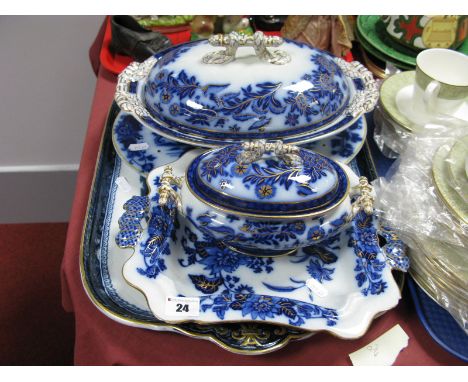 A XIX Century Ashworth Ironstone Twin Handled Tray, printed in blue with a Chinoiserie scene, gilt highlights, large and smal