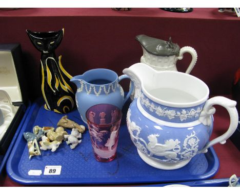 Mary Gregory Glass, Edward VIII jug, Wedgwood jug, Wade Whimsies, cat vase etc:- One Tray