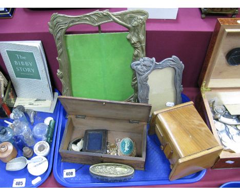 Art Nouveau Style Photograph Frames, oval glass trinket box with embossed pull off cover, novelty cigarette dispenser box, ca