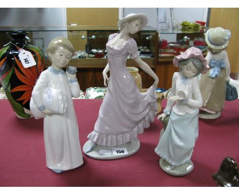 Nao Pottery Figurines, to include lilac dressed lady, girl with dove, time for bed. (3)