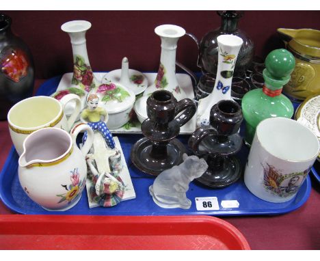 Murano Green Glass Perfume Bottle, Amethyst glass tot set, Poole jug, glass bulldog, Foy see-saw (damaged), etc:- One Tray 