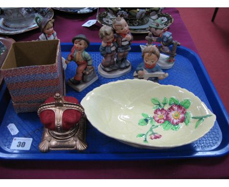 Five Hummel Figures, Carlton Ware Apple Blossom leaf moulded bowl and a Queen Elizabeth II Coronation crown money box.