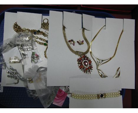Miriam Haskell Bangle, (damaged) four row multi set chain necklace, imitation pearls, vintage and later costume clip earrings