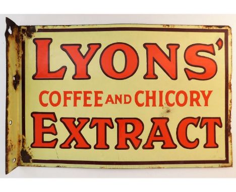 A vintage Lyon's Coffee &amp; Chicory Extract double sided enamel advertising sign with flange 18in x 11.75in