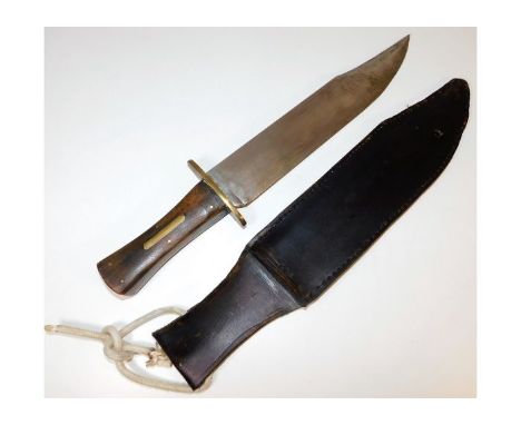 A large, wood grip 12in bladed Frontier made Bowie knife stamped I W DR with leather scabbard. Provenance: Submitted by Mrs. 