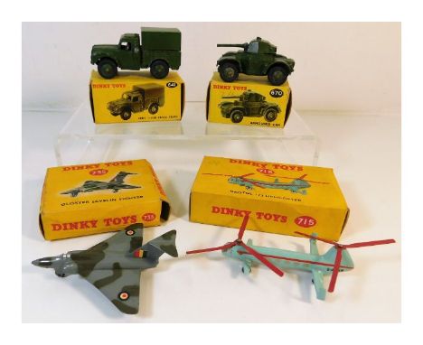 Four boxed Dinky diecast toy vehicles: Gloster Javelin fighter jet 735, minor play wear, army ton truck 641, some play wear, 