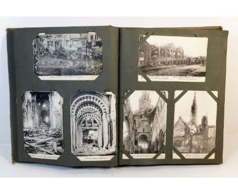 A vintage postcard album, approx. 250 mixed cards including images of war damage