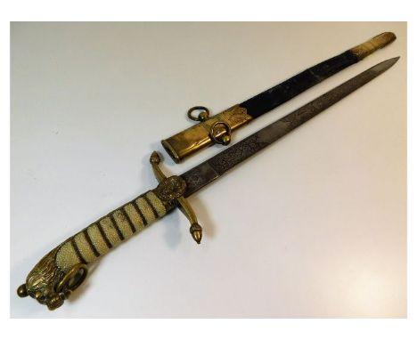 A British Officers Naval short sword with brass fittings &amp; shagreen handle (crack to leather on scabbard)