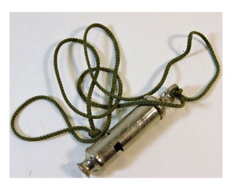 A military issued J. Hudson &amp; Co. whistle with broad arrow mark. Provenance: Submitted by Mrs. Lauraine Sadleir MBE &amp;