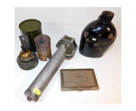 A WW2 US army metal water bottle, a British army tent oil lamp, a ministry of fuel &amp; power aluminium hand torch &amp; an 