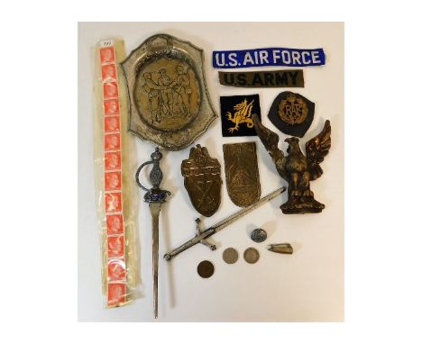 A WW1 France, Britain, Russia alliance tray, brass eagle (repaired wing) twinned with two repro German badges &amp; other ite