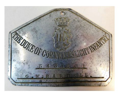 A DCLI duty bed plate G. Bardell 5433801. Provenance: Submitted by Mrs. Lauraine Sadleir MBE &amp; the late Mr. Michael R. Sa