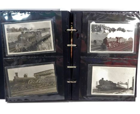A vintage postcard album, mixed topographical plus trains/boats, cards, approx. 90 no. 