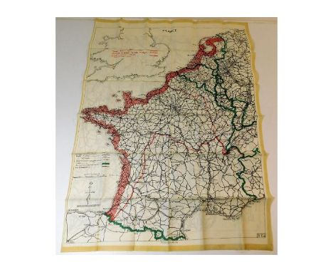 A WW2 silk escape map of France. Provenance: Submitted by Mrs. Lauraine Sadleir MBE &amp; the late Mr. Michael R. Sadleir