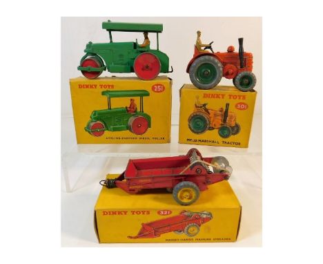 Three boxed Dinky diecast toy vehicles: Field-Marshall tractor 301, Aveling-Barford diesel roller 251 &amp; Massey-Harris man