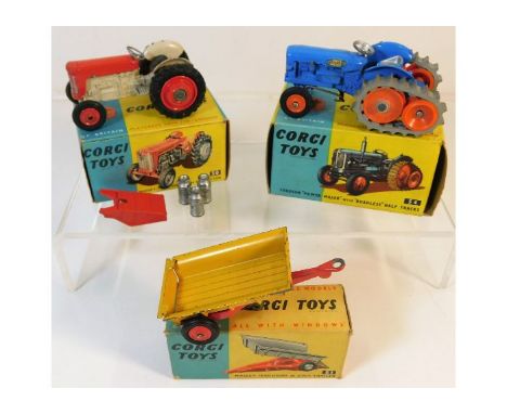 Three boxed Corgi diecast toy vehicles: Fordson Power Major &amp; Roadless half tracks tractor 54, Massey Ferguson 30 CWT far