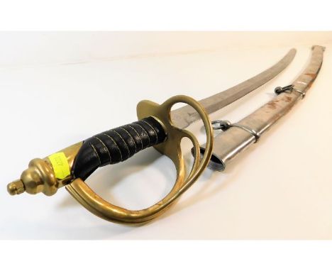 A reproduction brass hilted American sword CSA cavalry sable with steel scabbard.  Provenance: Submitted by Mrs. Lauraine Sad