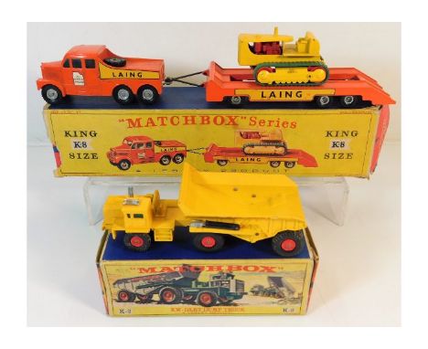 A boxed Matchbox King Size Dart K-2 dump truck twinned with King Size K-8 Tractor &amp; Transporter (fault to track) 