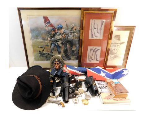 A Chris Hollywood limited edition print 1016/1150, two Confederate flags &amp; a quantity of mixed Wild West re-enactment &am