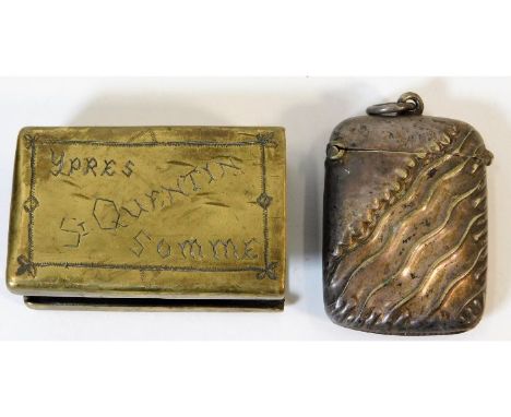 A brass trench art vesta case Ypres &amp; Somme - "F.K Petherwick 1916/1918" twinned with one other. Provenance: Submitted by