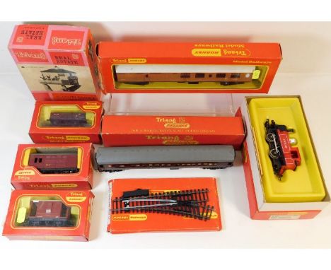 A Rovex Hornby engine R455 0-4-0 Ind. Tank Loco &amp; a quantity of Triang rolling stock &amp; carriages 