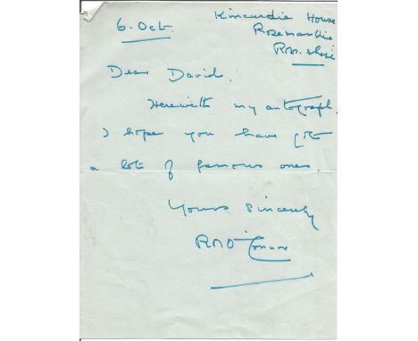 WW2 SAS General Richard O'Connor signed ALS.  DSO & Bar, MC British Army officer who fought in both the First and Second Worl
