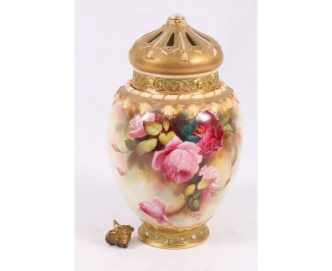 Royal Worcester blush ivory ground gilt floral pot pourri, signed W Jarman 30cm   CONDITION REPORT:  Lid chipped.  Finial det