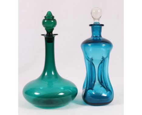 Victorian green glass decanter, 27cm high and a waisted blue glass decanter, 28cm (2)