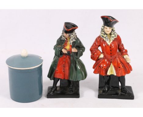 Royal Doulton pair of Beggars Opera figures, 18cm and 17cm and a Poole preserve jar (3)   CONDITION REPORT:  Red Coat - sligh