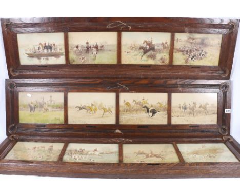 T Binks Hunting Scenes Three oak framed set of four, 31cm x 122cm including frame