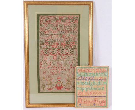 19th century needlework sampler by Isabella Stevenson aged 12, 43cm x 22cm (framed) and another (2)