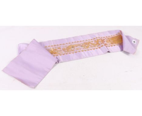 Chinese gilt thread mauve silk panel, 114cm x 38cm