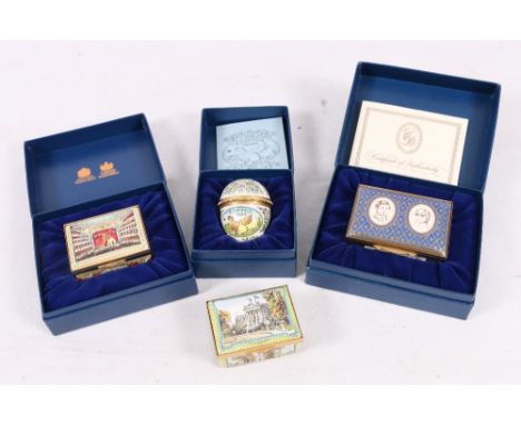 Three Halcyon Days enamel boxes (two boxed) and a boxed egg (4)