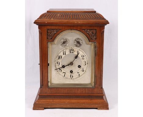 Late Victorian carved mahogany bracket clock, 37cm