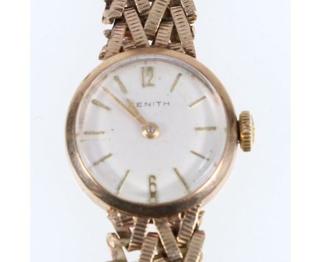 9ct gold cased ladies Zenith wristwatch on gold link bracelet. 26g