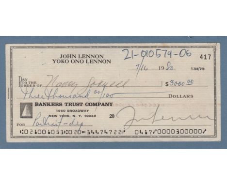 LENNON JOHN: (1940-1980) English Musician, a member of The Beatles. D.S., John Lennon, being a signed cheque, n.p. (New York?