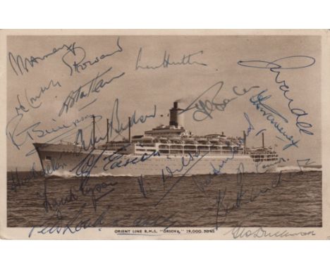  ENGLAND CRICKET: A good multiple signed sepia postcard photograph by twenty members of the England Cricket team who toured A