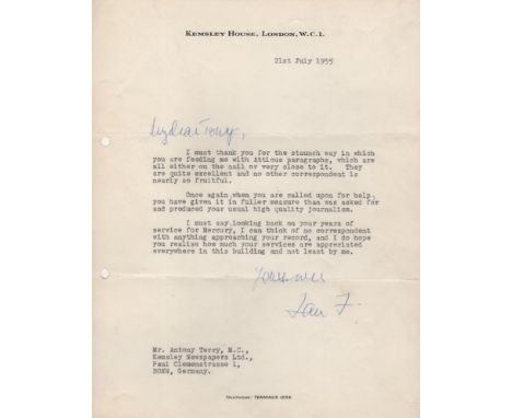  FLEMING IAN: (1908-1964) British Author, creator of the secret agent James Bond. T.L.S., Ian F, with holograph salutation an