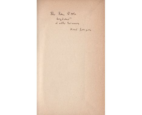 JASPERS KARL: (1883-1969) German-Swiss Psychiatrist and Philosopher. Book signed and inscribed, being a paperback edition of 