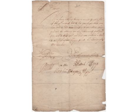 PEPYS SAMUEL: (1633-1703) English Naval Administrator and Diarist. L.S., S Pepys, one page, folio, Navy Office, 16th July 167