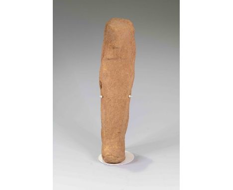 Egyptian Pottery ShabtiXIX - XX Dynasty.Pottery mould-made hook-footerd mummiform worker shabti: Wearing tripartite wig model