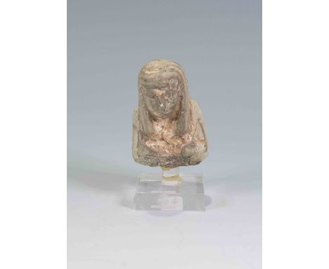 Upper half of a mould-made pale blue faience worker figure:  wears tripartite wig with stripes added in black, with arms cros