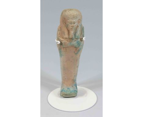 Egyptian Faience ShabtiPtolemaic Period, C. 300 - 32 BC.Small mummiform mould-made figure, quite fine for its size/type:  mod