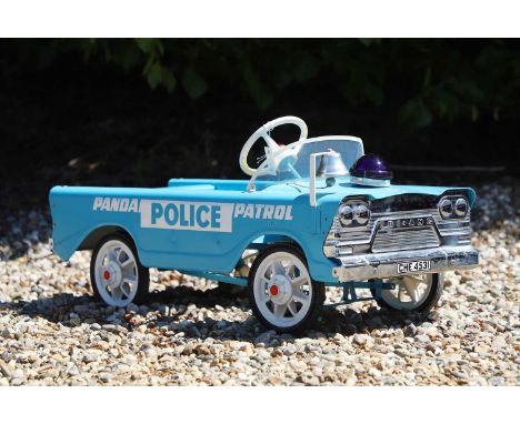 A 1960s Triang pedal car, as a police patrol panda vehicle, finished in a light blue and white livery, complete with windscre