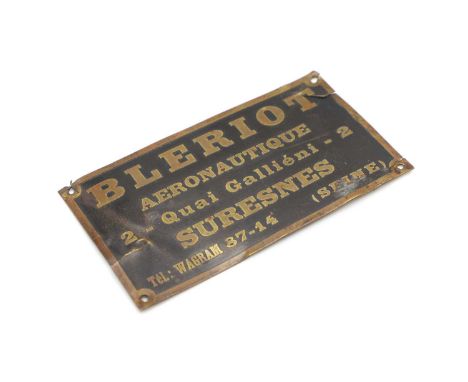 A 'Bleriot Aeronautique' dashboard plate, the brass plate with raised address lettering/telephone number on a black ground,5.