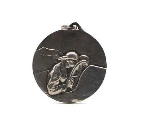 A silver Venice automobile club medal, double-sided, showing two automobiles with drivers, the reverse reading 'Automobile Cl