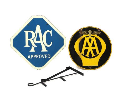 An 'AA' double-sided sign, c.1950, by Franco SW1, enamel with ironwork bracket,46cm diameter, andan 'RAC Approved' sign,47cm 