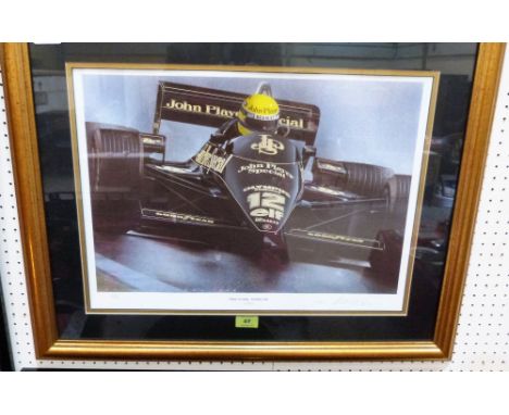 A signed motor racing print after Gavin Macleod. First Race, Estoril 1985. 15½'' x 21