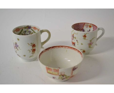 Group of three Lowestoft porcelain wares comprising two tea cups with polychrome design and a further tea bowl with Chinoiser