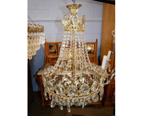 20th Century centre ceiling light fitting of circular form with strings of glass drapes and five light centre, 41cm diameter